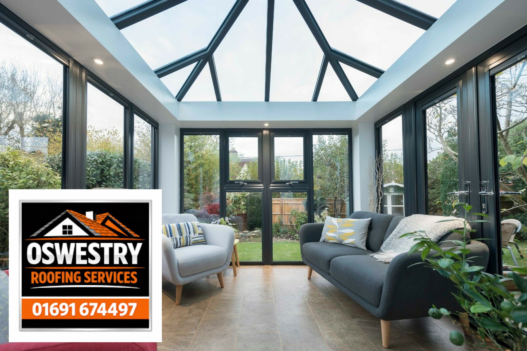 Completed grey tiled conservatory style roof by Oswestry Roofing