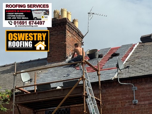New brown guttering secured beneath roof tiles with a clean white fascia board for roofing work in Oswestry