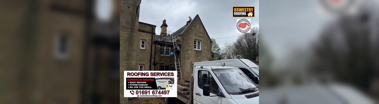 Oswestry Roofing company logo and contact number by Oswestry Roofing
